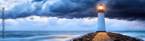 Stunning lighthouse guiding ships at dusk.