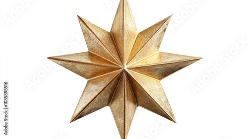 A Christmas star, tree topper, sleek modern design, metallic gold texture, isolated on white background 