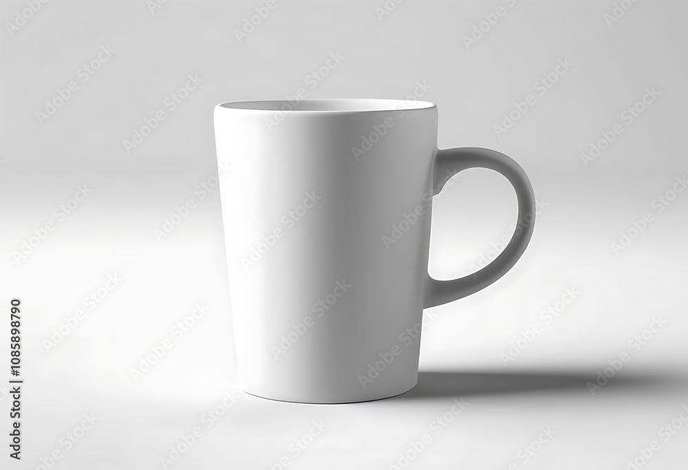 Obraz premium Realistic 3D rendering of a plain white ceramic coffee mug with a handle, isolated on white background. Ideal for branding mockups, promotional materials, or design presentations
