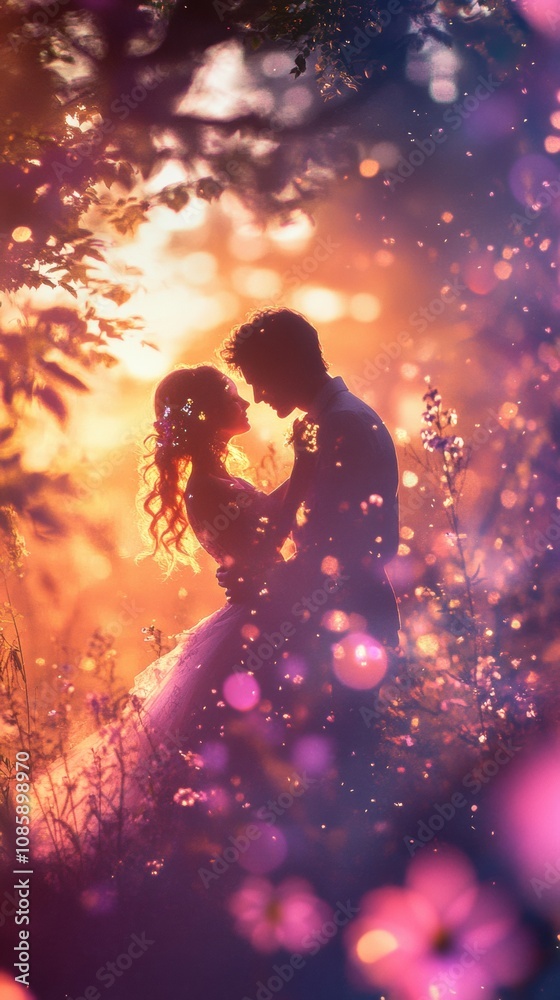 Romantic couple silhouetted against a dreamy, glowing sunset in a magical garden, AI Romantic couple silhouetted against a dreamy, glowing sunset in a magical garden, AI