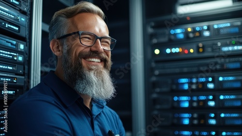 IT professional with a beard and glasses stands in a data center, smiling warmly. environment features rows of servers, flashing lights, and a sense of productive energy