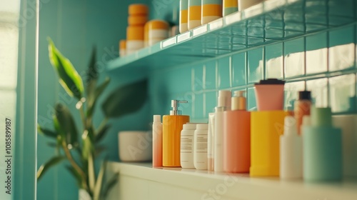 Colorful Arrangement of Skincare and Haircare Products on Bright Blue Shelf in Modern Tropical Bathroom Setting with Plants and Natural Light