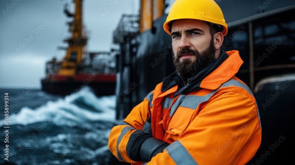 maritime worker, dressed in an orange safety jacket and yellow helmet, poses on a boat at sea. Dark clouds loom overhead as waves crash against the side of the vessel during a stormy day maritime worker, dressed in an orange safety jacket and yellow helmet, poses on a boat at sea. Dark clouds loom overhead as waves crash against the side of the vessel during a stormy day
