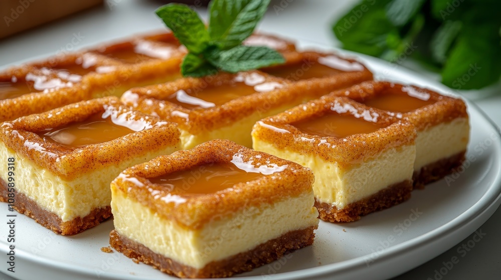 Cheesecake squares with caramel glaze are artfully arranged on a plate, inviting sweet indulgence Cheesecake squares with caramel glaze are artfully arranged on a plate, inviting sweet indulgence