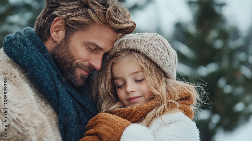 father lovingly embraces his daughter in a winter setting, surrounded by snow-covered trees. Both wear warm scarves and hats, enjoying a heartwarming moment together father lovingly embraces his daughter in a winter setting, surrounded by snow-covered trees. Both wear warm scarves and hats, enjoying a heartwarming moment together