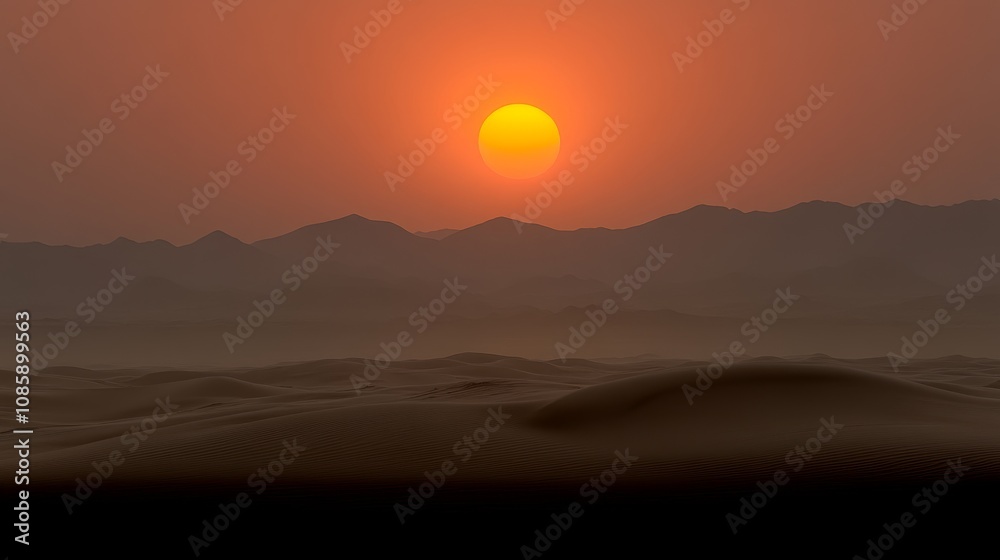 The sun sets over rolling sand dunes, painting the sky in vibrant orange and soft purple hues The sun sets over rolling sand dunes, painting the sky in vibrant orange and soft purple hues