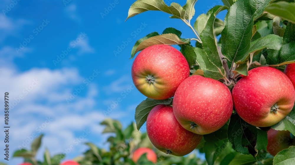 Obraz premium Ripe red apples dangle from green branches in a vibrant orchard under a clear blue sky filled with fluffy clouds, indicating the peak of the harvest season