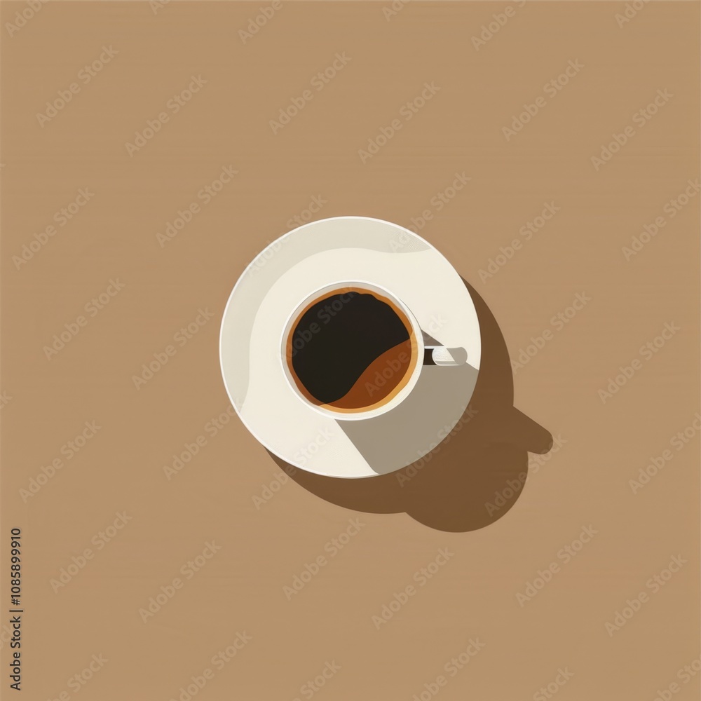 A coffee cup with a dark brown liquid in it sits on a table. The cup is white and has a shadow on it. Concept of calm and relaxation A coffee cup with a dark brown liquid in it sits on a table. The cup is white and has a shadow on it. Concept of calm and relaxation