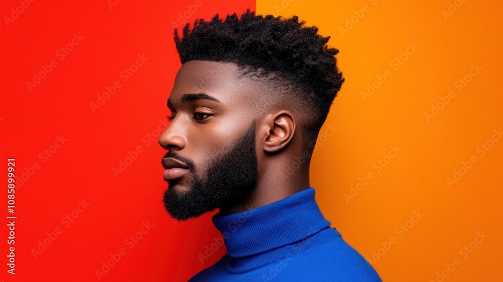 Obraz premium A young man with a neatly styled beard and hair stands in profile, showcasing a modern haircut, set against a striking orange and red backdrop in a well-lit studio
