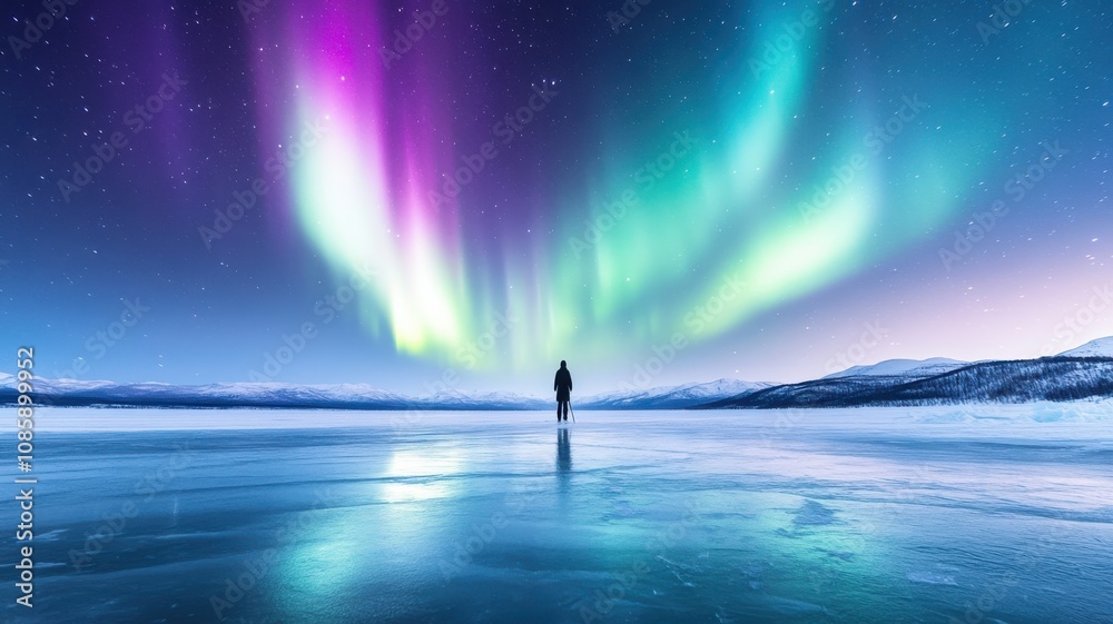 Stunning aurora lights over a frozen lake. Stunning aurora lights over a frozen lake.