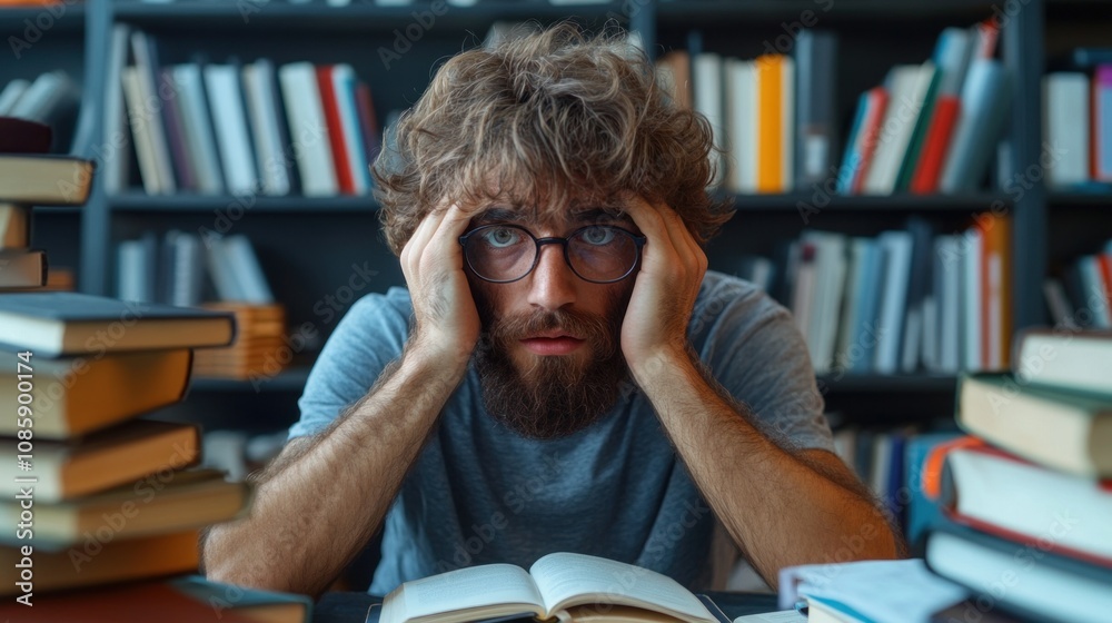young man sits at a table filled with books, looking overwhelmed and stressed while studying in a cozy library filled with shelves of literature during the afternoon young man sits at a table filled with books, looking overwhelmed and stressed while studying in a cozy library filled with shelves of literature during the afternoon
