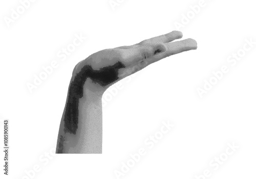 Hand with open palm outstretched, isolated in retro halftone dot style. Vintage 1990s inspired design evoking nostalgia, ideal for sharing, giving, or asking concepts. Grunge
