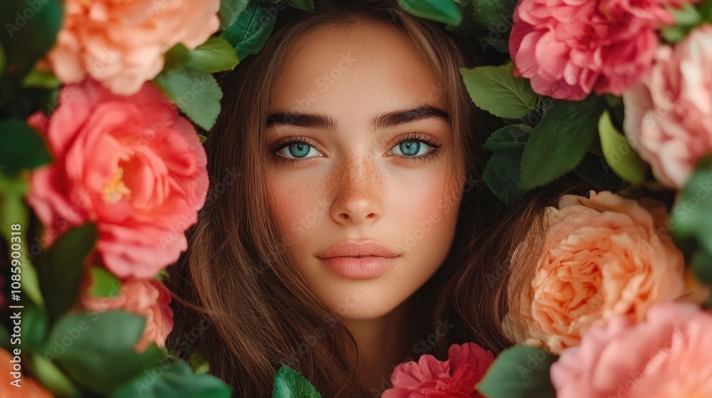 young woman with striking blue eyes gazes softly at the viewer, framed by lush pink and coral blooms. warm colors of the flowers enhance the peaceful ambiance of the moment young woman with striking blue eyes gazes softly at the viewer, framed by lush pink and coral blooms. warm colors of the flowers enhance the peaceful ambiance of the moment