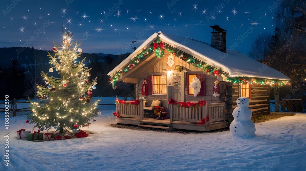 A charming wooden cabin adorned with festive lights and a cheerful snowman sits amidst a serene snowy landscape under a star-studded night sky. A charming wooden cabin adorned with festive lights and a cheerful snowman sits amidst a serene snowy landscape under a star-studded night sky.