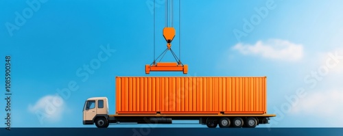 Truck transporting container under blue sky