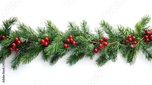 A holiday garland, festive decoration, lush evergreen with red berries, hyper-realistic style, isolated on white background