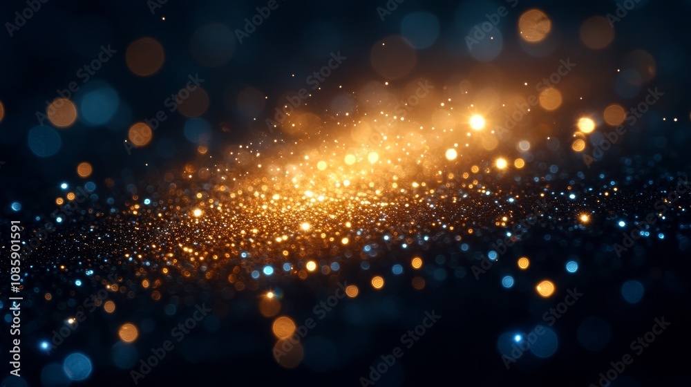 Obraz premium Sparkling particles in gold and blue swirl gracefully, evoking a sense of wonder and enchantment