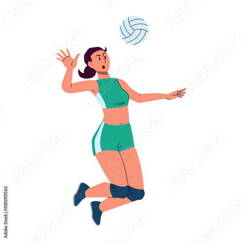 A female volleyball player hits, hits the ball with her fists, serves with her hands. Sportsman in a green training uniform plays a sports game. Athlete in action, movement. Flat vector illustration