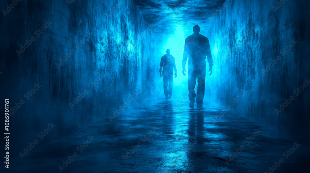 Spooky black figures, ghosts in a hallway