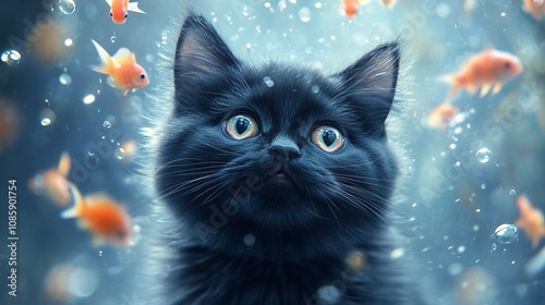 Curious Black Cat with Intense Gaze Surrounded by Floating Fish, Pastel Blue Background