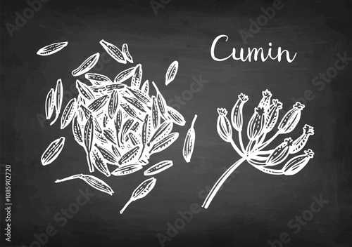 Cumin seeds chalk sketch.