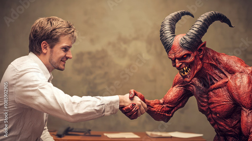 Greedy manager sell his immortal soul to red devil for money and success
