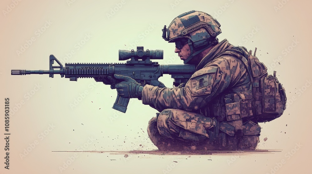 A soldier in camouflage takes aim with precision, ready for action in a training exercise A soldier in camouflage takes aim with precision, ready for action in a training exercise