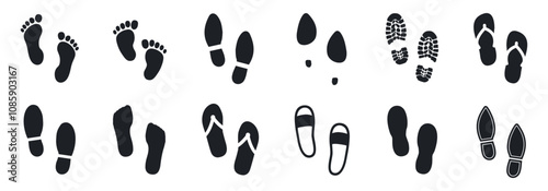 Human foot and shoe print icons set isolated, set different human shoeprints icons, footprint, barefoot sign