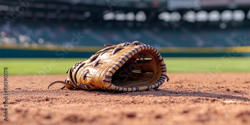 Leather Baseball Glove on Field with Blurred Stadium in Background photo