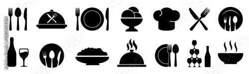 Fototapeta Food icons set, plate, fork, knife and spoon, set logotype menu, cutlery icon, tableware sign, catering icons, restaurant signs