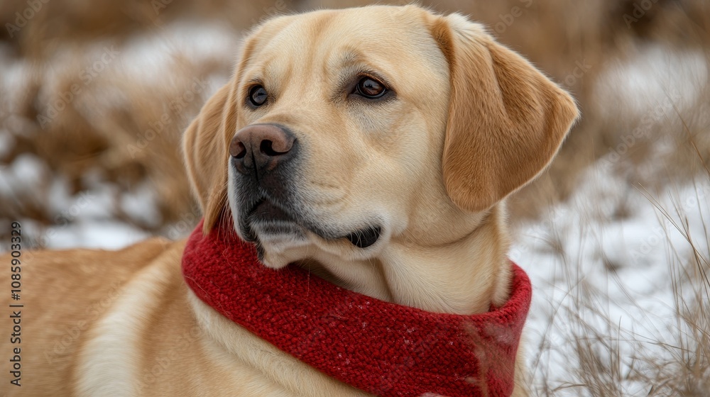 A lovely labrador sits calmly, adorned with a bright scarf, enjoying the winter chill A lovely labrador sits calmly, adorned with a bright scarf, enjoying the winter chill