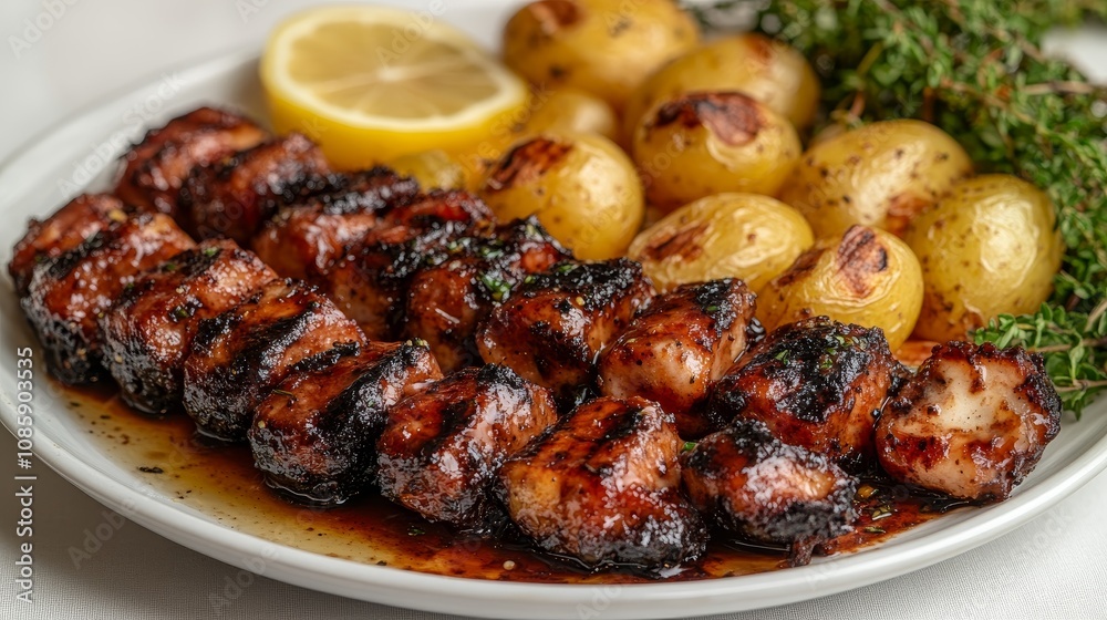Grilled chicken skewers with crispy potatoes and a lemon slice make a tasty meal Grilled chicken skewers with crispy potatoes and a lemon slice make a tasty meal