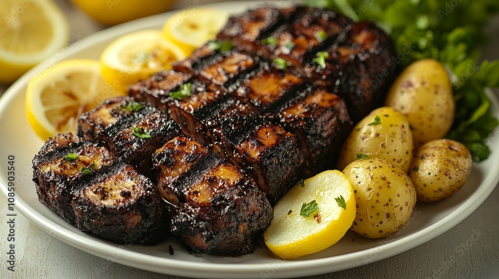 A delicious platter of grilled meat, lemon wedges, and perfectly cooked potatoes awaits A delicious platter of grilled meat, lemon wedges, and perfectly cooked potatoes awaits