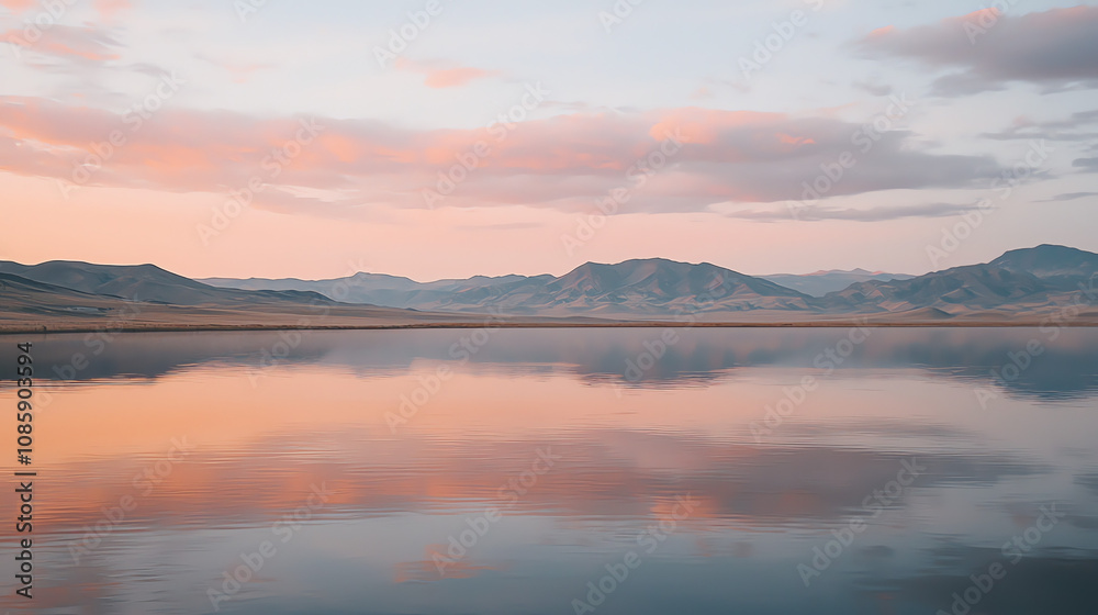 A tranquil glassy lake reflecting soft hues of sunset with majestic mountains standing guard in the background A tranquil glassy lake reflecting soft hues of sunset with majestic mountains standing guard in the background