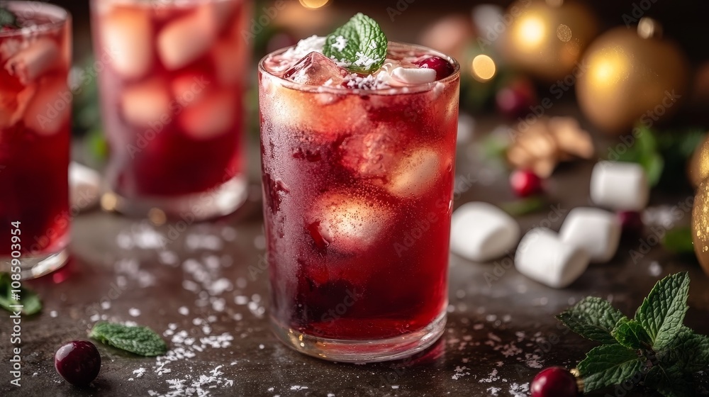 A vibrant red beverage served over ice, adorned with mint leaves and festive ornaments
