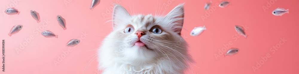 Cat looking up with curious eyes surrounded by floating fish on pink background, studio shot Cat looking up with curious eyes surrounded by floating fish on pink background, studio shot