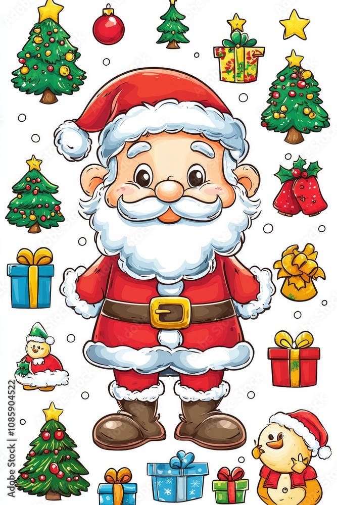 Jolly Santa Claus with Christmas Decorations and Festive Elements - Cartoon Illustration Jolly Santa Claus with Christmas Decorations and Festive Elements - Cartoon Illustration