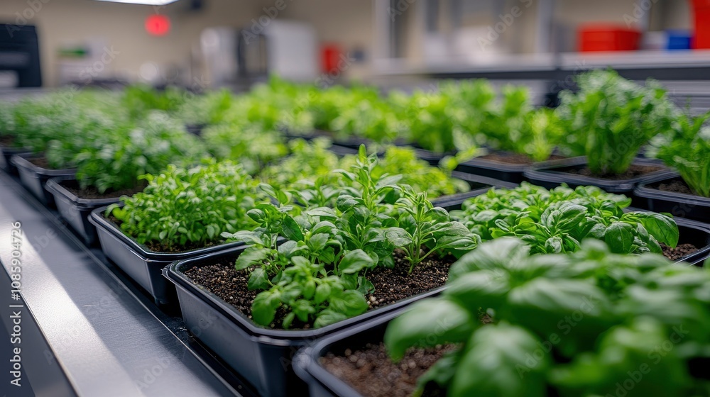 Close-up of fresh herb garden in medical facility's nutrition center used for cooking demonstrations Close-up of fresh herb garden in medical facility's nutrition center used for cooking demonstrations