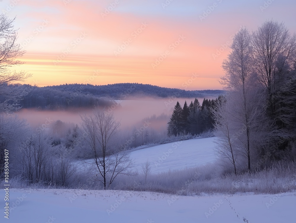 Winter sunrise over misty landscape nature scene peaceful environment scenic view Winter sunrise over misty landscape nature scene peaceful environment scenic view