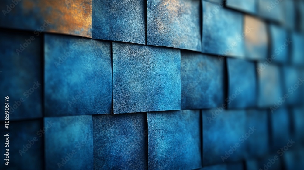 Naklejka premium A striking arrangement of blue tiles showcases intricate textures and subtle light variations