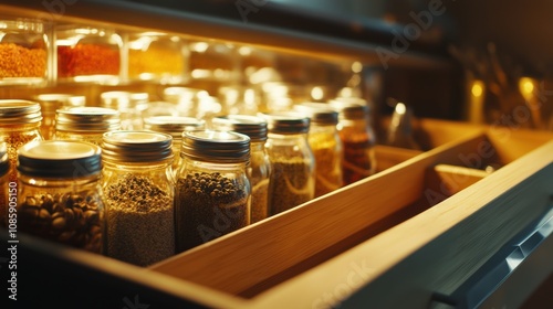 Beautifully Organized Kitchen Pantry with Glass Jars Filled with Various Spices and Herbs on a Wooden Drawer in Warm Ambient Light, Perfect for Culinary Enthusiasts and Home Chefs