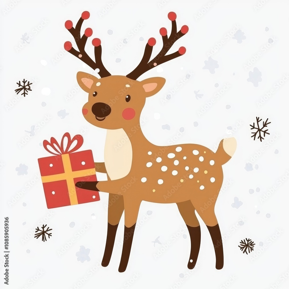 Fototapeta premium Adorable Reindeer with Christmas Gift in Snowy Scene