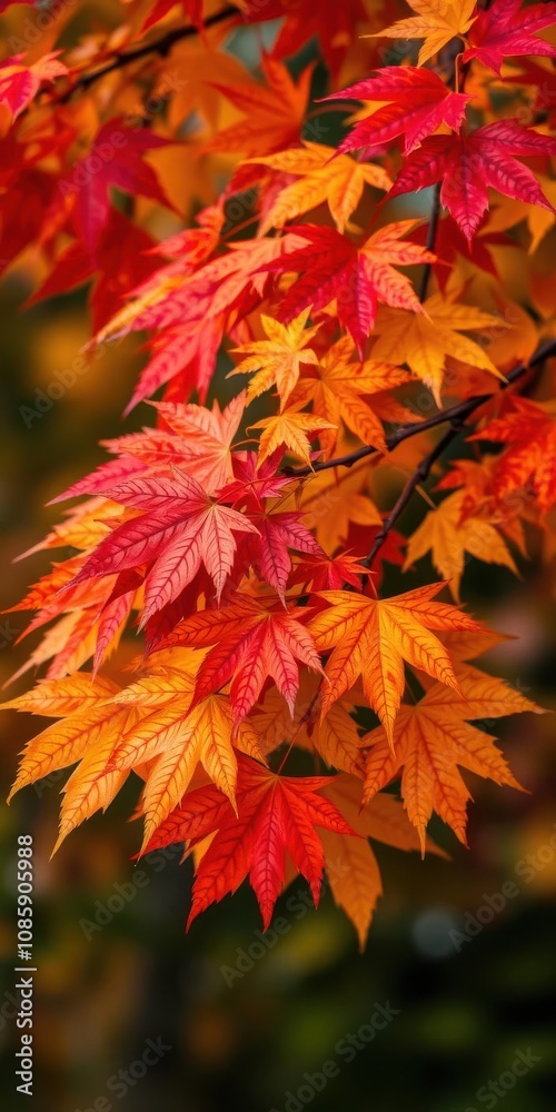 Vibrant autumn maple leaves in various shades of red, orange, and yellow on a tree branch, background, autumn Vibrant autumn maple leaves in various shades of red, orange, and yellow on a tree branch, background, autumn