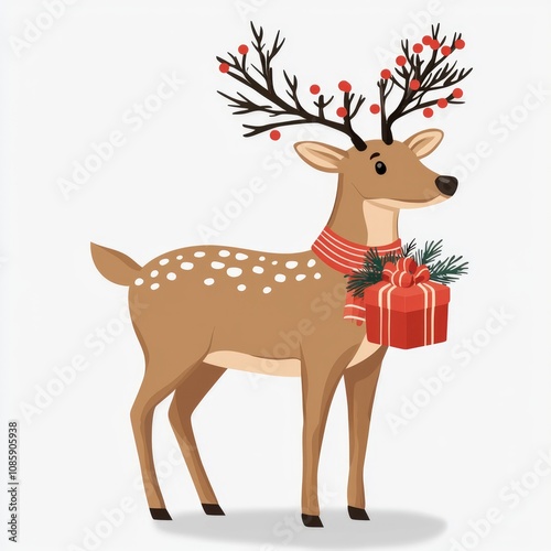 Festive Reindeer with Gift Illustration