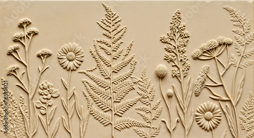 Intricate Botanical Relief Art Featuring Pressed Floral and Fern Designs in Neutral Tones
