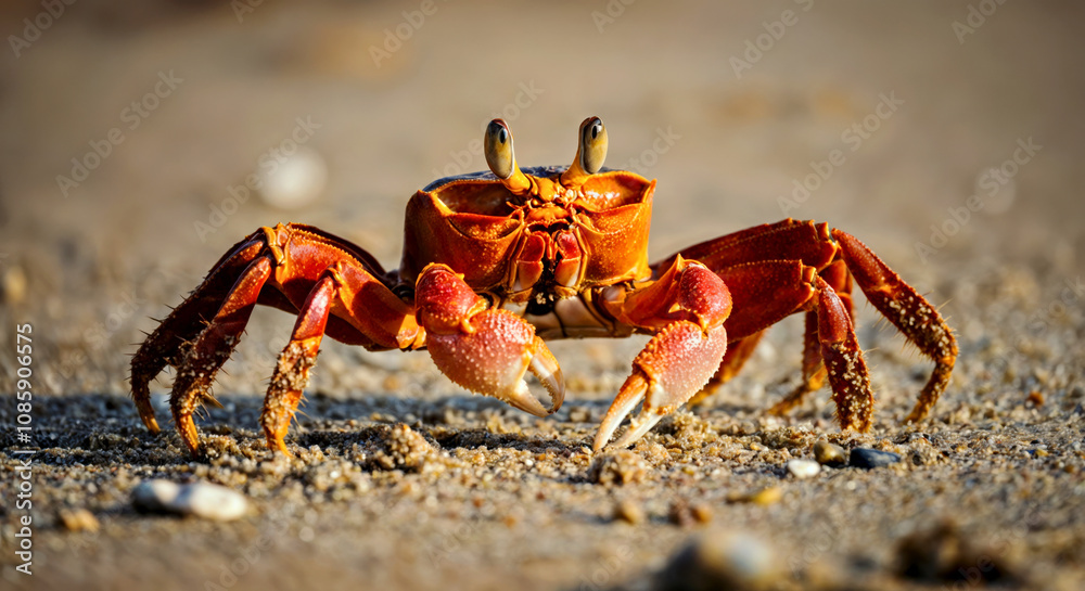 Close-Up of a Red Sand Crab on a Beach at Sunrise with Golden Lighting Close-Up of a Red Sand Crab on a Beach at Sunrise with Golden Lighting