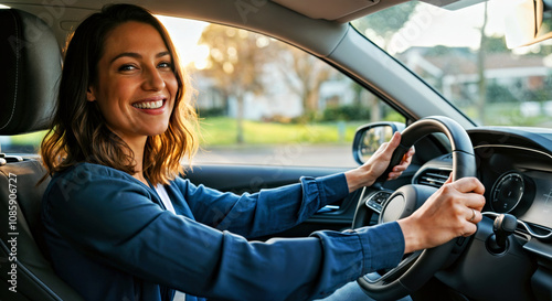 Happy Woman Driving Car in Suburban Neighborhood at Sunset