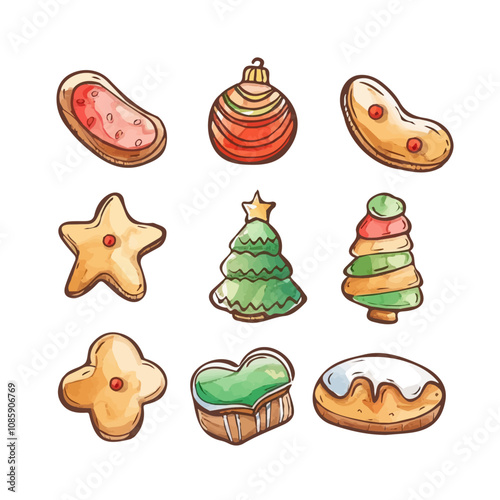 A watercolor painting of a set of Christmas cookies, isolated on a white background. Christmas cookies vector.