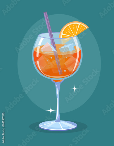 Aperol Spritz cocktail, glass with alcoholic drink,  illustration vector
