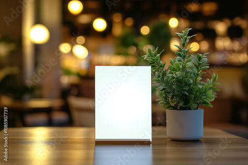 A blank white card standing on an acrylic stand, placed on the table of a restaurant with a blurred background, with a focus and depth of field effect. 